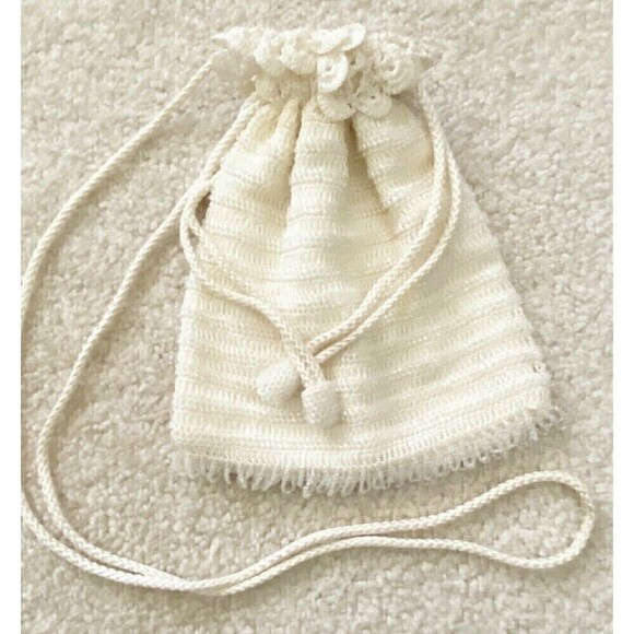 Handbags - Wedding Bridal Flower Girl Drawstring Bag Pouch Ivory Beaded Purse Lace Romantic